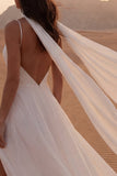 Ivory A Line Spaghetti Straps Long Boho Wedding Dress z szalikiem