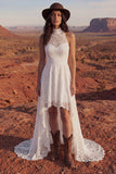 Kwiatowa suknia ślubna Boho w kolorze kości słoniowej: A Line High Low Lace