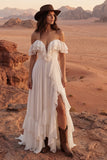 Ivory Off the Shoulder A Line Maxi Beach Wedding Dress z falbanami