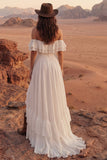 Ivory Off the Shoulder A Line Maxi Beach Wedding Dress z falbanami