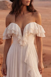Ivory Off the Shoulder A Line Maxi Beach Wedding Dress z falbanami