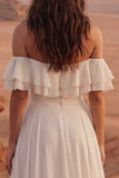 Ivory Off the Shoulder A Line Maxi Beach Wedding Dress z falbanami