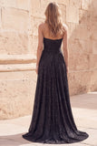 Błyszcząca Czarny Kształcie Litery A Dekolt W Kształcie Serca Długa Sukienka Na Studniówkę z Rozcięciem
