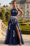Halter Navy A Line A Line Długa długa kwiatowa sukienka na studniówkę z rozcięciem