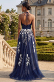 Halter Navy A Line A Line Długa długa kwiatowa sukienka na studniówkę z rozcięciem