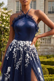 Halter Navy A Line A Line Długa długa kwiatowa sukienka na studniówkę z rozcięciem