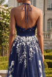 Halter Navy A Line A Line Długa długa kwiatowa sukienka na studniówkę z rozcięciem
