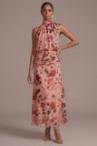 Dusty Rose Floral – długa linia sukienka gościnna z kokardą