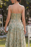 Tiul Dusty Green A-line aplikowany korsetowy korset midi w kwiaty