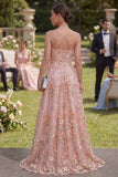 Sweetheart Pink Orange A-line Tiul, aplikowana z koralikami długą, kwiatową sukienka z rozcięciem