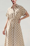 Khaki Polka Dots A Midi Work Dress Round z kołnierzykiem