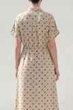 Khaki Polka Dots A Midi Work Dress Round z kołnierzykiem