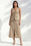 Khaki z dekoltem w serek bodycon, jednorzędowa midi slim fit sukienka robocza z rozcięciem