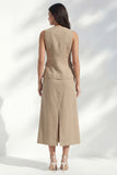 Khaki z dekoltem w serek bodycon, jednorzędowa midi slim fit sukienka robocza z rozcięciem