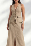 Khaki z dekoltem w serek bodycon, jednorzędowa midi slim fit sukienka robocza z rozcięciem