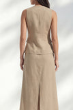Khaki z dekoltem w serek bodycon, jednorzędowa midi slim fit sukienka robocza z rozcięciem