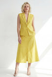 Butter Yellow Notched Label z klapą na jeden guzik Slim Fit Midi Work Dress z rozcięciem