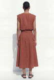 Karmelowy A-Line Cap Sleeves Midi Damski garnitur z dekoltem w serek i paskiem