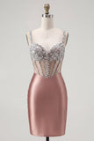 Blush Satin Bodycon Body-przezroczysty gorset mini sukienka na homecoming z kryształkami