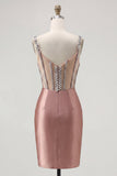 Blush Satin Bodycon Body-przezroczysty gorset mini sukienka na homecoming z kryształkami