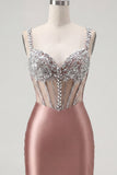 Blush Satin Bodycon Body-przezroczysty gorset mini sukienka na homecoming z kryształkami
