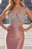 Blush Satin Bodycon Body-przezroczysty gorset mini sukienka na homecoming z kryształkami
