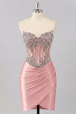 Satin Blush Sweetheart Bodycon Gorset z marszczami na bal z cyrkrychami