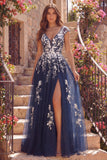 Tulle Navy A-Line Długa kwiatowa sukienka na studniówkę z rozcięciem