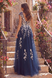 Tulle Navy A-Line Długa kwiatowa sukienka na studniówkę z rozcięciem