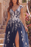 Tulle Navy A-Line Długa kwiatowa sukienka na studniówkę z rozcięciem