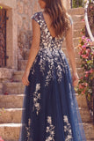 Tulle Navy A-Line Długa kwiatowa sukienka na studniówkę z rozcięciem