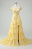 Sukienka maxi z falami z odkrytymi ramionami, chiffon butter yellow A-line z marszczkami i rozcięciem