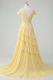 Sukienka maxi z falami z odkrytymi ramionami, chiffon butter yellow A-line z marszczkami i rozcięciem