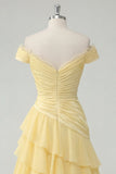 Sukienka maxi z falami z odkrytymi ramionami, chiffon butter yellow A-line z marszczkami i rozcięciem