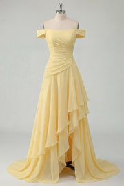 Sukienka maxi z falami z rozcięciem z odkrytymi ramionami w kolorze chiffon Butter Butter Yellow A-line