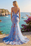 Kwiatowe ramiączka Blue Mermaid Spaghetti Length Scroll Neck z dekoltem w serek.