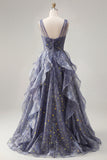 Elegancka sukienka na bal z tiulem w serek w kolorze Starry, Blue, Dusty Blue z falbanami w kształcie piętrówek