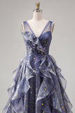 Elegancka sukienka na bal z tiulem w serek w kolorze Starry, Blue, Dusty Blue z falbanami w kształcie piętrówek