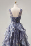 Elegancka sukienka na bal z tiulem w serek w kolorze Starry, Blue, Dusty Blue z falbanami w kształcie piętrówek