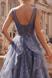 Elegancka sukienka na bal z tiulem w serek w kolorze Starry, Blue, Dusty Blue z falbanami w kształcie piętrówek