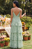 Dusty Sage Floral A Line Tiered Maxi Dress
