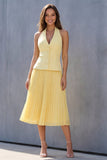 Halter Yellow Jednorzędowa plisowana sukienka midi Work Line A