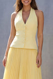 Halter Yellow Jednorzędowa plisowana sukienka midi Work Line A
