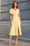 Żółty asymetryczny dekolt z plisowaniem w stylu A Line Midi Work Dress