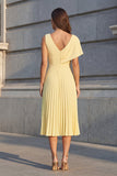Żółty asymetryczny dekolt z plisowaniem w stylu A Line Midi Work Dress