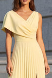 Żółty asymetryczny dekolt z plisowaniem w stylu A Line Midi Work Dress