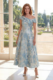 A Line Jacquard Blue z jednym ramieniem Midi Mother Of the Bride
