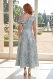 A Line Jacquard Blue z jednym ramieniem Midi Mother Of the Bride