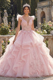 Różowa balowa suknia balowa z aplikacjami na Quinceanera z 3D kwiatami