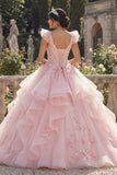 Różowa balowa suknia balowa z aplikacjami na Quinceanera z 3D kwiatami